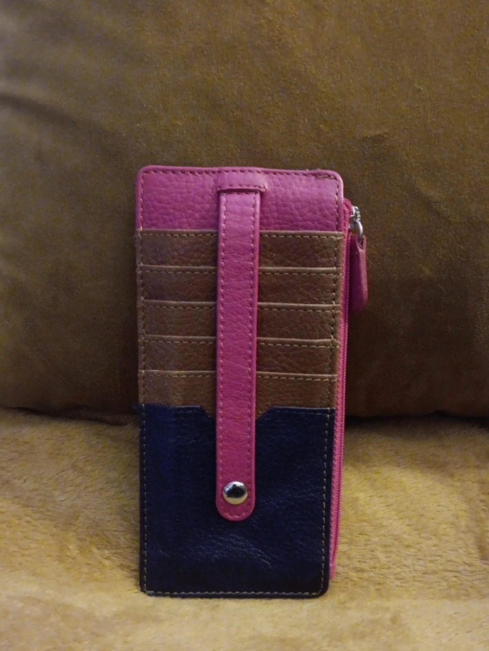 Colorblock Leather Card Wallet - Pink, Brown, Navy